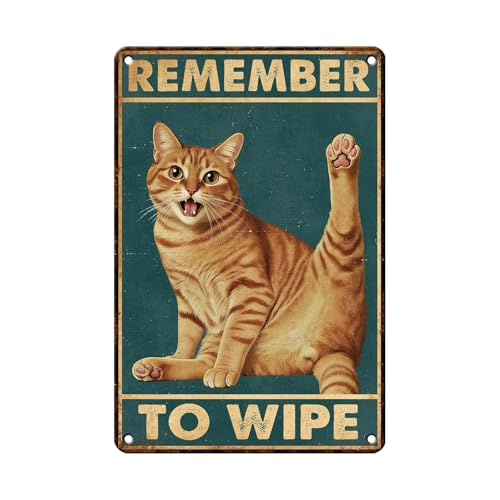Funny Cat Bathroom Sign Remember To Wipe Tin Signs Orange Tabby Metal Decor Wall Decor For Home Bathroom Toilet Indoor Washroom Restroom Cat Lovers Gifts 12 * 8 In