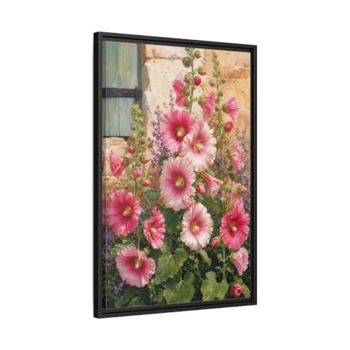 Toile imprimée de roses trémières avec cadre noir de qualité premium 50x75