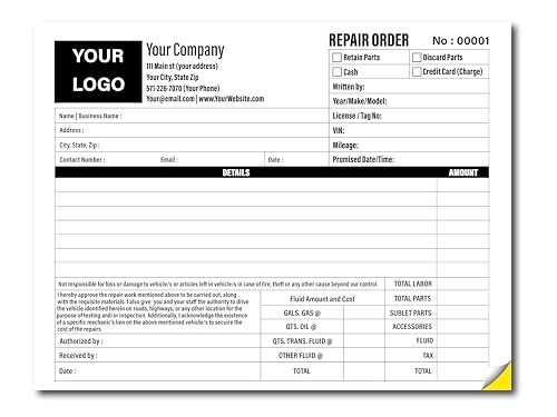 Auto Repair Order Form Custom Printed with Your Company Information – Mechanic Service and Garage Repair Invoice, 2 Part NCR Form, Repairman Order Form, Auto Technician Invoice