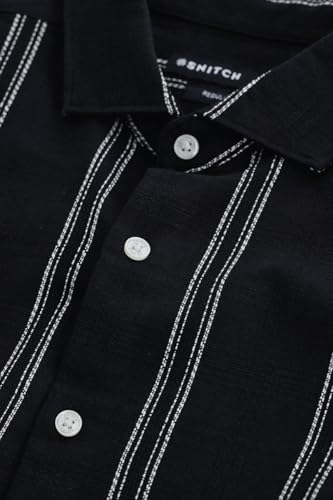 Image of SNITCH Men Casual Shirt for Smart & Everyday Wear | Regular Fit Full Sleeve Point Collar Striped Pattern | Breathable Cotton Blend Fabric for All Day Comfort | Black
