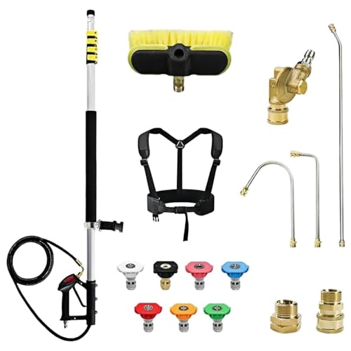 24FT Telescoping Pressure Washer Extension Wand with Brush Head, 3 Power Washer Extension Wands(Gutter Cleaner Attachments), 7 Spray Nozzle Tips, Support Belt and 2 Hose Adapters