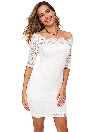Image of Atnlewhi Womens Vintage Lace Floral Off Shoulder Elegant Swing Dresses A-line Mini Dress for Party Cocktail Wedding
