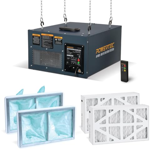 POWERTEC 3-Speed Remote Controlled Air Filtration System (300/350/400 CFM) w/Extra Inner & Outer Filter (2 of Each) Replacement, Hanging Air Filter for Woodworking, Workshop & Garage (AF4001C)