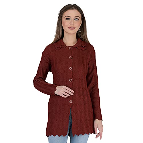 Image of LADY WILLINGTON Women Woolen Double Collar Daffodil Fabric Cardigan Winter Wear Pure Wool Cardigan for Women Free Size Long Cotty Warm Cardigans with Side Pockets