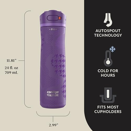 Image of Contigo x Ally Love Ashland Chill 2.0, Stainless Steel, Spill Proof Water Bottle with AutoPop Easy Lean Lid, BPA Free, 24oz, Violet
