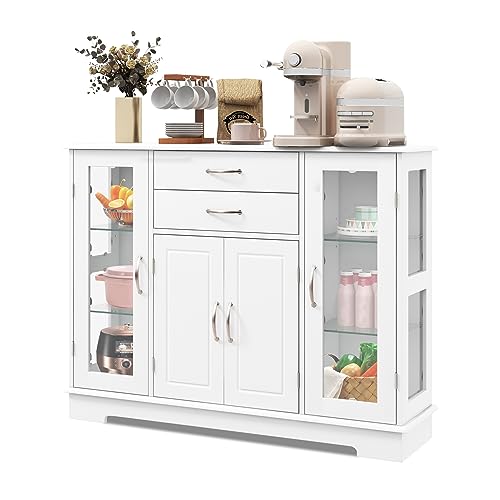 KOMFOTTEU Credenza da cucina in legno, armadio a buffet multiuso con ante e ripiani in vetro temperato, mobile ausiliario per sala da pranzo, soggiorno, bagno, 107 x 30 x 81 cm