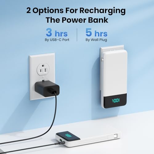 Image of Portable Charger Power Bank for iPhone with Built-in Cables and AC Wall Plug, 13800mAh Ultra Slim Travel Essentials,USB C Fast Charging External Battery Pack for iPhone 17 /16 /13,Galaxy,Android-White