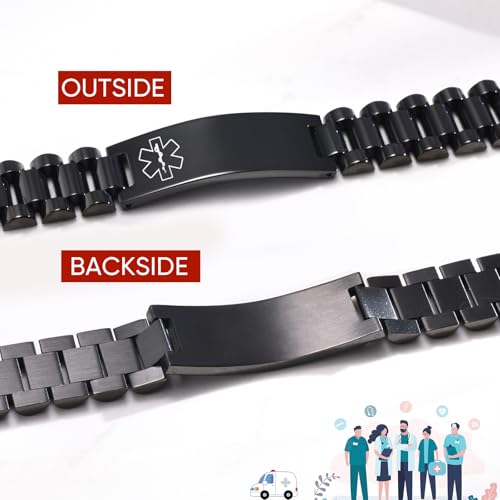 Mealguet Medical Id Bracelet For Men: Free Engraving Black Stainless Steel Masculine Watch Band Style Medical Alert Wristband Personalized Medic Id Bracelet Jewelry For Men Dad thumb #2