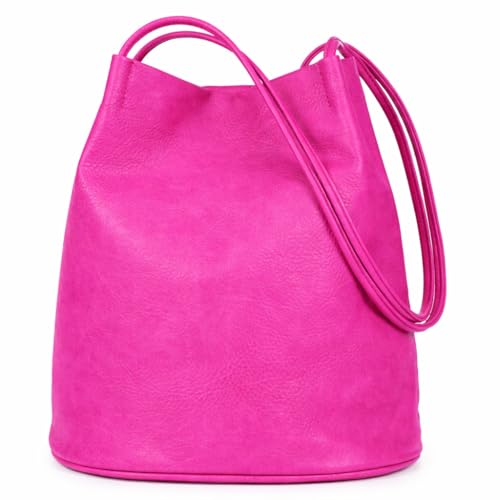 Image of Mabel London Women's Fashion Designer Medium Size Plain Soft Vegan Leather Hobo Bucket Tote Shoulder Bag - Delilah (Hot Pink)
