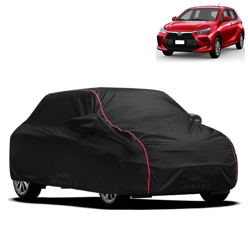 Image of Waterproof Car Cover for Toyota Wigo | All-Weather Protection, Dustproof & UV Resistant | Triple Stitched Mirror Pockets, Windproof Buckle Strap with Elastic Hem, Black-Red Piping