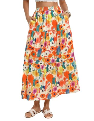 Kate Kasin Women\'s Boho Maxi Skirt, Floral Printed Flowy Long Skirts, Summer Beach Vacation Outfits with Pockets(Orange Flower)