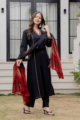Image of MEERA FAB Women Floral Printed Pure Cotton Straight V-Neck Kurta with Palazzos & Dupatta
