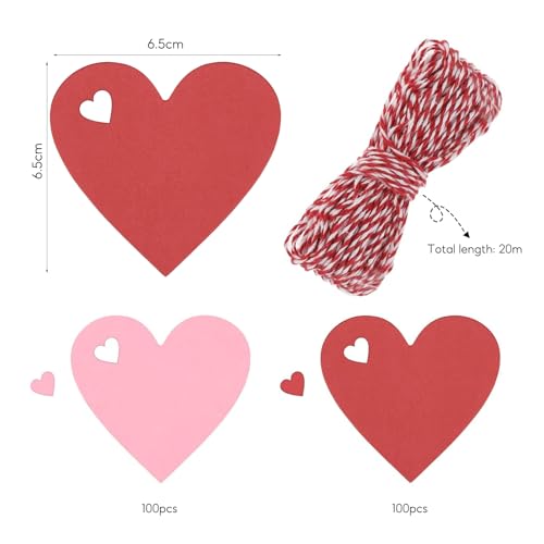 200 Stück Herz Kraftpapier Anhänger, Rosa Geschenkanhänger, Herz Kraftpapier Anhänger Etiketten Rot und Baumwollschnur 20M für Party Geburtstag Valentinstag Christmas Hochzeit