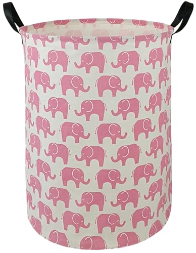 Image of DUYIY Kids Laundry Hamper Storage Basket Laundry Organizer Hamper Storage Bins Clothes Box Nursery Hamper Gift Basket with Handles (Pink Elephant)
