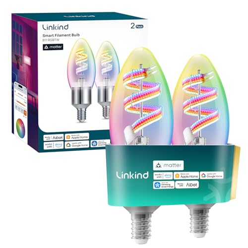 Image of Linkind E12 Led Bulb, RGBTW Color Changing Matter Smart Light Bulbs, 2 Pack | Work with Alexa /Apple /Google Home, 40W RGBTW Smart Filament Bulbs for Chandelier, 2.4Ghz WiFi Only Candelabra Bulbs, 400 LM