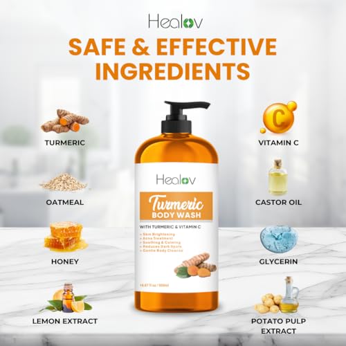 Turmeric Body Wash – Skin Brightening Soap for Dark Spots, Hyperpigmentation – Exfoliating Turmeric Face Wash Reduces Acne, Scars, & Cleanses Skin – Natural Bath Liquid Soap
