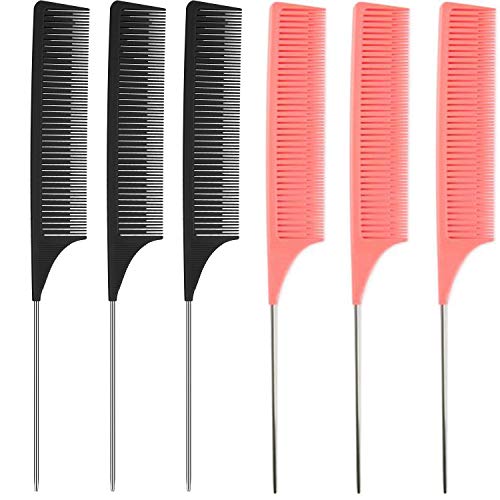 6 Pieces Rat Tail Hair Comb Pintail Comb Fine Teeth Hair Styling Comb Carbon, Combs with Stainless Steel Pintail for Hair Styling Hairdressing, Braids Salon Home Supplies