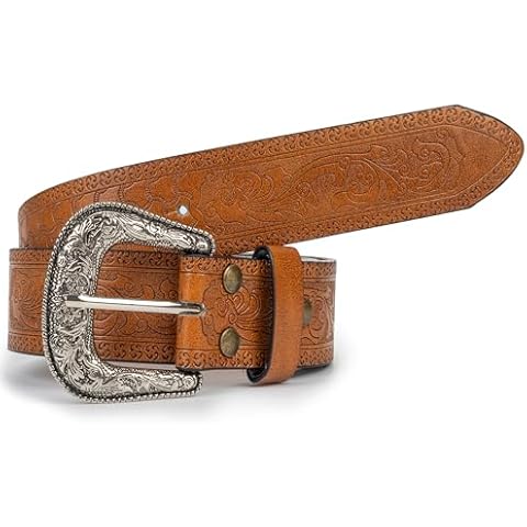 IZUS Women Vintage-Cowboy-Belt Western-Cowgirl Leather-Belt Floral Embossed PU with Turquoise Scalloped Buckle Boho Rodeo Cover