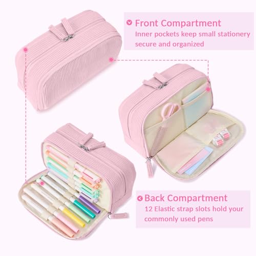 Image of Sooez Big Capacity Pencil Case Pen Pouch, Soft Corduroy Pencil Bag with 3 Compartment, Multiple Pockets, Sturdy Zipper, Cute School Supplies Pen Bag Organizer For Teen Girls College, Pink