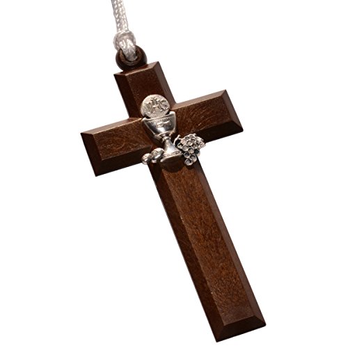 Junker Kirchenbedarf Kommunionkreuz - Umhänge-Kreuz Erstkommunion 10cm, Holz mit Metall-Dekor Silber Cover