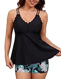 Hanna Nikole Damen Badeanzug mit Shorts Skinny Spaghetti Straps Tankini Bedruckte Bademode Für Foto Schwarz X Large