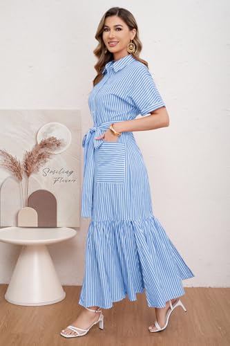 Image of utcoco Women's 2026 Summer Casual Striped Button Down Maxi Dress Tie Waist Short Sleeve Shirt Dress with Pockets