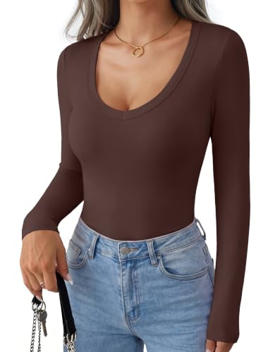 Ekouaer Womens Deep V Neck Long Sleeve Shirts Basic Thermal Tops Coffee - image 1