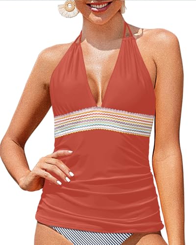 Image of Yonique Women's Halter Tankini Top V Neck Swim Top Tummy Control Bathing Suit