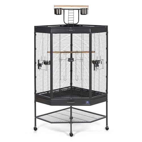 Prevue Pet Products Corner Bird Cage with Playtop - Large Cage with Rolling Stand Comes with Wooden Perches & Double Food & Water Cups Secure Side Door Locks Elevated for Enrichment - Black