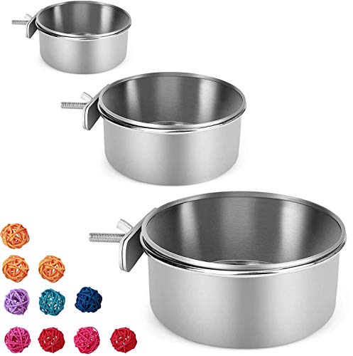 Binjor 3Pcs Bol de Nourriture en Acier Inoxydable à Suspendu pour Oiseaux Animaux avec Support Mangeoire à Oiseaux Bol Perroquet Cage Argent AVCE 10 coloré Sepak Takraw 3 cm Naturel Boule de Rotin Cover