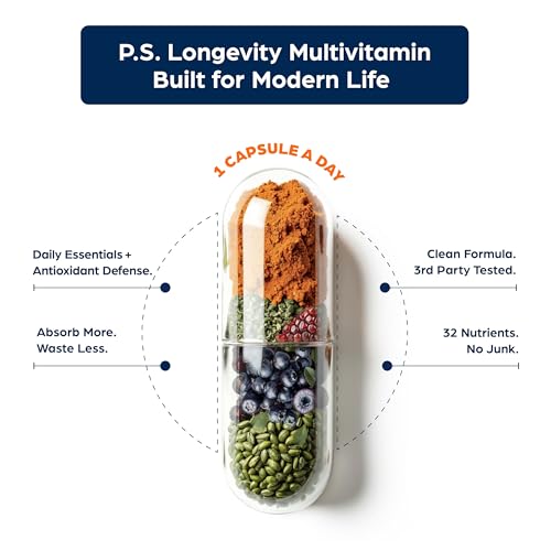 Image of PS Longevity Supplement - Anti-Aging Multivitamin for Men & Women - Premium Methylated B Vitamins, CoQ10, NR, Urolithin A & Natural Antioxidants - Cellular Health, Energy & Memory - 2 Month Supply
