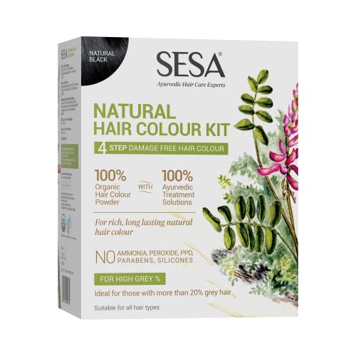 SESA 4 Step Natural Hair Colour Kit – For HIGH GREY% – 100% Organic & Ayurvedic – NO Ammonia, PPD, Peroxide, 200gm + 40ml