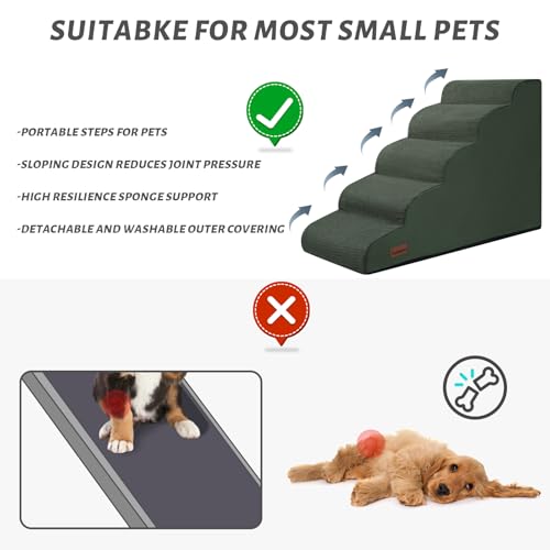 Image of Aodisman Dog Stairs for High Bed,5-Step Pet Ramp for Small Dogs and Cats | 22.2 inch H Dog Steps for Bed with High-Density Foam, Help Olders,Short-Legged Dogs,Puppy and Cats Get on Beds Easily,Grey,Green