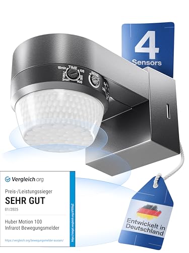 HUBER Motion 100 Infrarot Bewegungsmelder 360° mit 4 Sensoren und Fresnel-Linse - IP65 Bewegungsmelder LED geeignet I inkl. Unterkriechschutz & Bereichsbegrenzung, Wand-/Deckenmontage, anthrazit