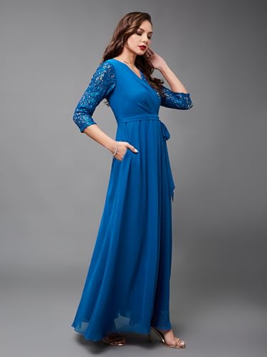 Image of Miss Chase Women's Floral Printed Relaxed Fit V-Neck 3 /4th Sleeve Maxi Dress