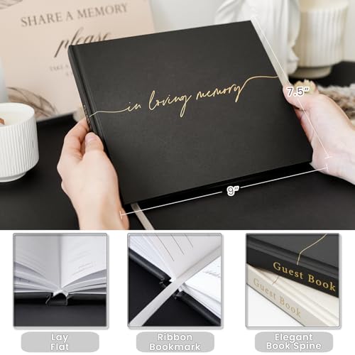 Image of Funeral Guest Book for Memorial Service, in Loving Memory 9x7.5 | 320 Entries, Table Sign Card Included, Gold Stamping, Twill-Textured Paper Cover, Celebration of Life Keepsake, Black