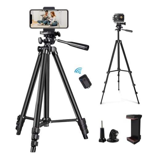 Phone Tripod, Everesta 127-cm (50-Inch) Extendable Camera Tripod Stand with Bluetooth Remote Shutter Lightweight Tripod Phone Mount Compatible with iPhone 12 Pro Max/12 mini/11/8