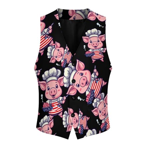 US Flag Pigs Chef BBQ Men's Suit Vests Business Formal Dress Vest V-Neck Waistcoat for Wedding Casual4