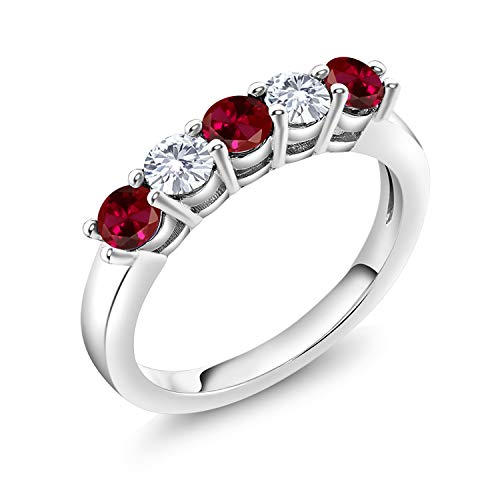 Gem Stone King 925 Sterling Silver Red Created Ruby and White Moissanite 5-Stone Wedding Anniversary Band Ring For Women (1.07 Cttw, Gemstone July Birthstone, Available In Size 5, 6, 7, 8, 9)3