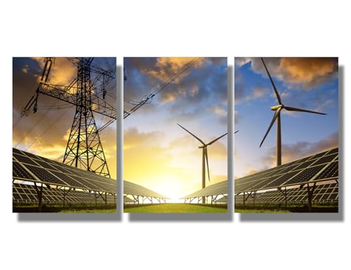 LSIUHWUWI Modern Wall Art Multi Panel Solar Panels with Wind Turbines and Electricity Pylon at Sunset Print On Canvas for Living Room Bedroom Wall Decoration, Ready to Hang,16x24inchx3