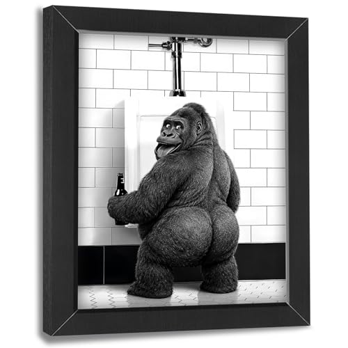 Funny Bathroom Wall Art Framed Gorilla Bathroom Decor, Black and White Animal Canvas Print Picture Farmhouse Toilet Signs for Home Restroom, Black, 8"x10"