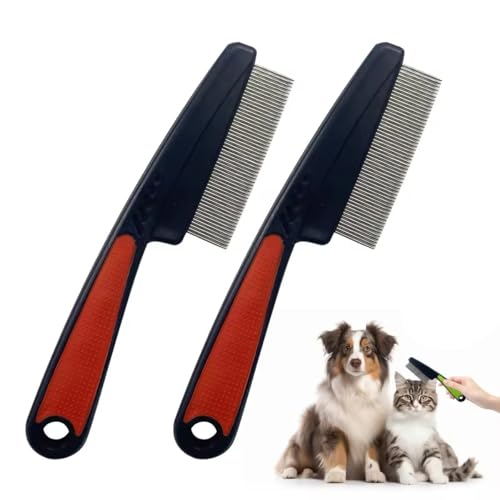 2Pcs Flea Comb for Dogs Cats Upgrade Multifunctional Pet Comb Pet Hair Removal Flea Comb Fine Tooth Stainless Cleaning Massage Brush for Dog Cat (Red)