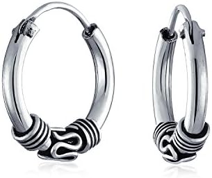 Bali Tribal Swirl Continuous Endless Round Hoop Earrings For Women Oxidized .925 Sterling Silver .50 .75 1 1.25 Inch Diameter