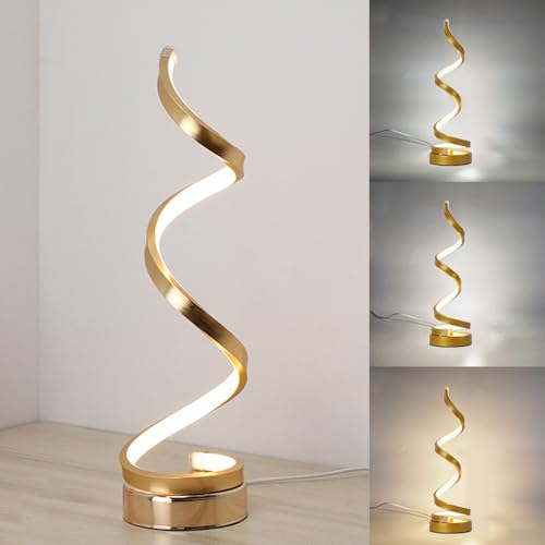 Mengjay Lampada da Comodino a Spirale LED Moderno, 3 Temperature di Colore, Protezione Degli Occhi, Soggiorno/Ufficio/Studio, Oro