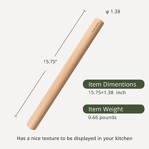 Muso Wood Wałek do pieczenia nieprzywierający, drewniany wałek do ciasta, 40 cm, drewniany wałek do kremówki, ciastek, ciast, ciasta (drewno bukowe)