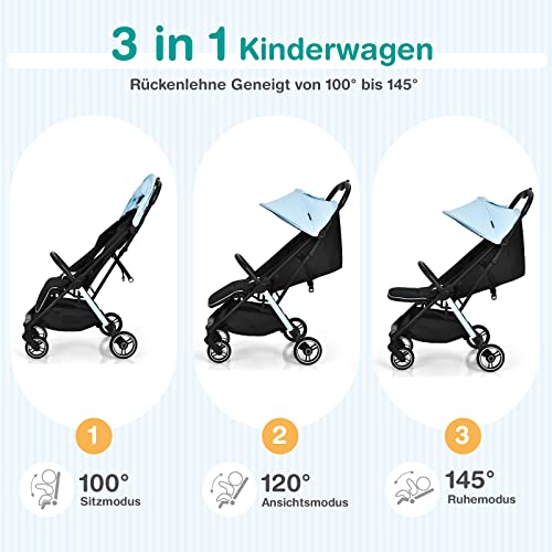 GOPLUS Zusammenklappbarer Kinderwagen, Buggy mit Verstellbarer Rückenlehne & Fußstütze & Bremse, 5-Punkt-Gurt, Einhändiges Sammeln, Vordach mit Fenstern, Aufbewahrungstasche, für 0-3 Jahre (Blau)
