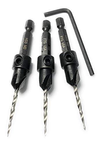 Ftg Usa Countersink Drill Bit Set 3 Pc #4 (7/64") Wood Countersink Drill Bit Same Size Set Countersink Tapered Countersink Bit, Quick Change Shank, 1 Hex Wrench, Woodworking Countersink Drill Bits #TOP2
