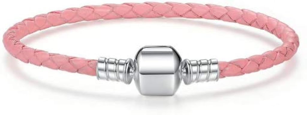 Jewellbox Girls Genuine Leather Charm Bracelet, Charm Bracelets for Womens Sterling Silver Barrel Clasp, PINK