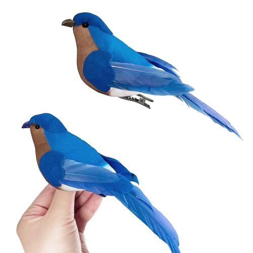 Halobirdsir Clip on Blue Artificial Birds Realistic Bluebird Ornaments 2Pcs Foam Feathered Songbird Figurines for Spring Tree Easter Wreath Decor Garland Crafts (2 Pcs)