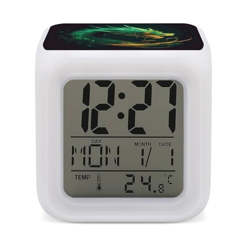 Image of maccbn Chinese Dragon LED Digital Alarm Clock 7 Color Changing Wake Up Clock with Temperature Date Snooze Display Battery Operated Night Light Silent Beside Lamp for Bedroom